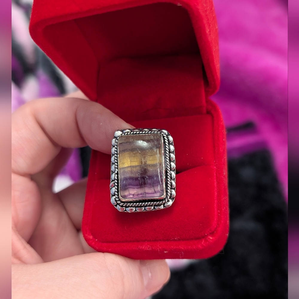 Vintage Artisan Rare Rainbow 🌈 Fluorite Set In 925 Silver Size 7